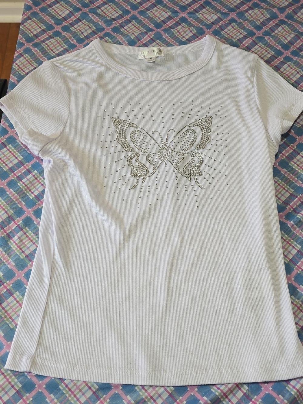 White Short Sleeve Tee with Rhinestone Butterfly